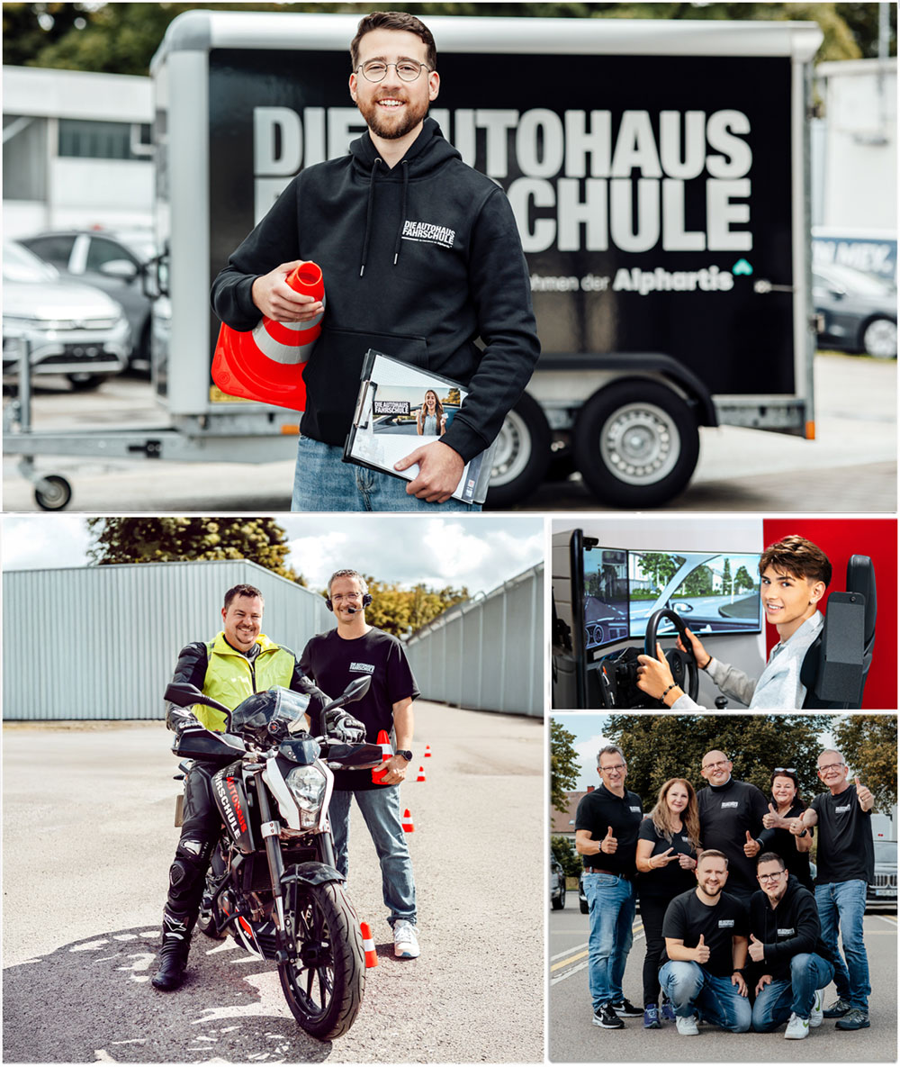 Collage mit vier Szenen aus der Autohaus-Fahrschule: Ein Fahrlehrer steht vor einem Anhänger mit Logo und hält ein Verkehrshütchen, ein Motorradschüler übt mit seinem Trainer auf dem Übungsplatz, ein junger Mann sitzt am Fahrsimulator, sowie ein Gruppenfoto des Teams mit Daumen-hoch-Geste.