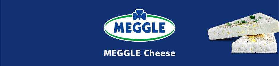 Meggle Cheese Werbebanner mit Markenschriftzug und K&auml;se-Arrangement