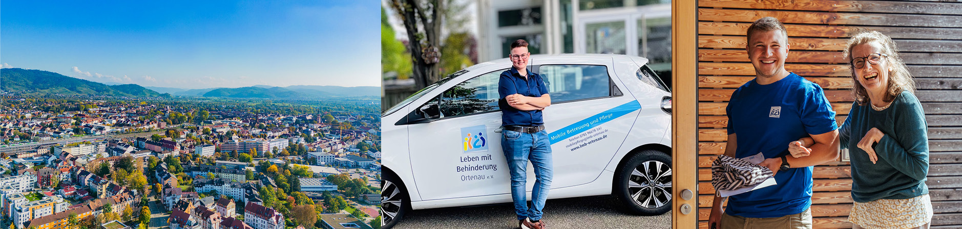 Luftaufnahme einer Stadt in sonniger Landschaft, daneben ein Mitarbeiter, der sich vor einem wei&szlig;en Firmenauto mit Logo &bdquo;Leben mit Behinderung Ortenau e.V.&ldquo; postiert, sowie zwei fr&ouml;hlich l&auml;chelnde Menschen vor einer Holzwand.