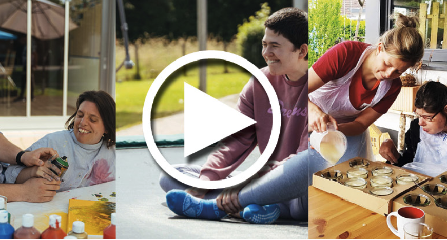 Collage aus drei Szenen mit Menschen bei kreativen Aktivitäten, in der Mitte ein Play-Button als Hinweis auf ein Video