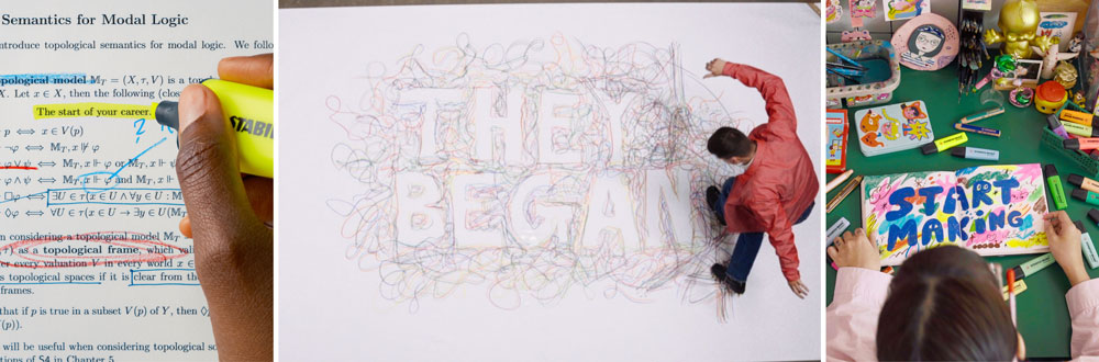 Hand markiert in einem Buch den Satz The start of your career, daneben eine Person, die mit farbigen Linien kreativ ein gro&szlig;es Schriftbild zeichnet, und eine Draufsicht auf einen Tisch mit bunten Stiften und dem gestalteten Schriftzug Start Making