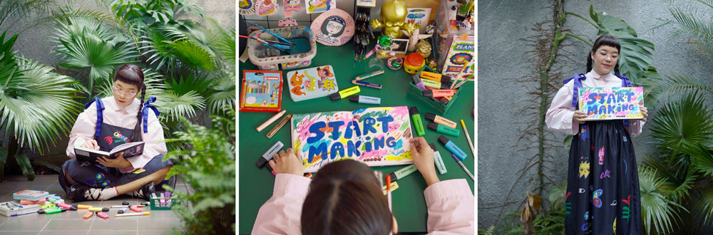 Person sitzt umgeben von Pflanzen und liest oder skizziert in einem Notizbuch, daneben eine Draufsicht auf einen Tisch mit bunten Stiften und dem handgemalten Schriftzug Start Making, sowie eine stehende Person vor einer Pflanzenwand, die ein selbst gestaltetes Start-Making-Poster h&auml;lt