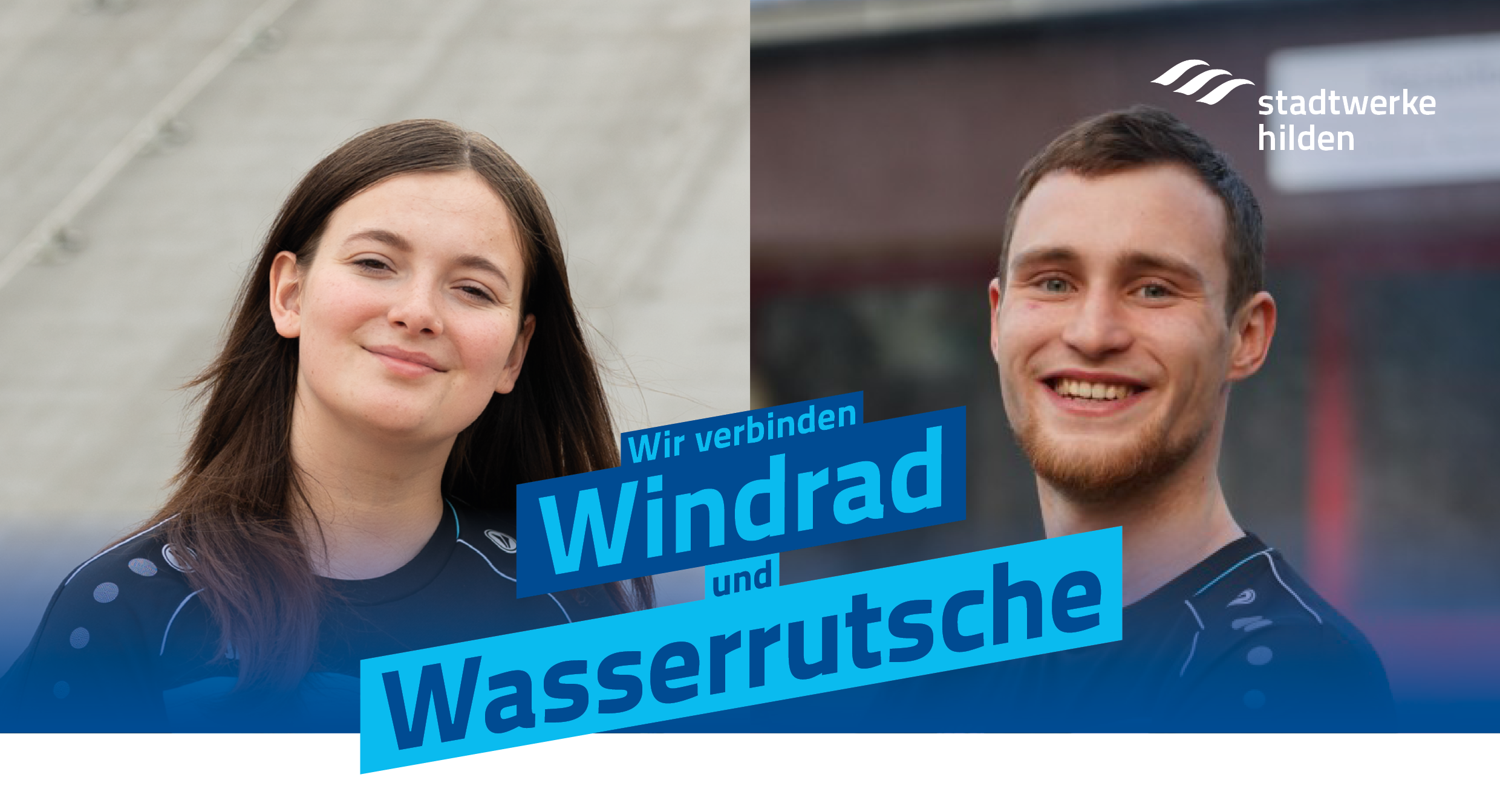 Fünf junge Erwachsene stehen lächelnd nebeneinander, darüber das Logo der Stadtwerke Hilden und der grüne Schriftzug: ‚Wir verbinden Wasserwerk und Wärmepumpe‘.